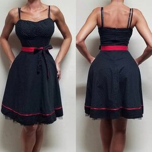 90s Vintage Ruby Rox Black Red Polka-dot Tie-Waist Tulle Fit & Flare Midi Dress